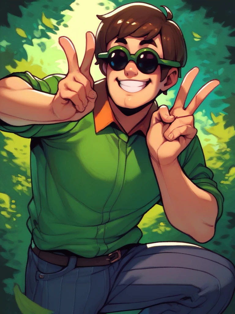 score_9, score_8_up, score_7_up, score_6_up, 1boy, forest, v, dynamic pose, smile, looking at viewer,
<lora:AlexanderCabot_character:0.8>, AlexanderXLP, short hair, brown hair, sunglasses, green shirt, collared shirt, pants, cartoon,