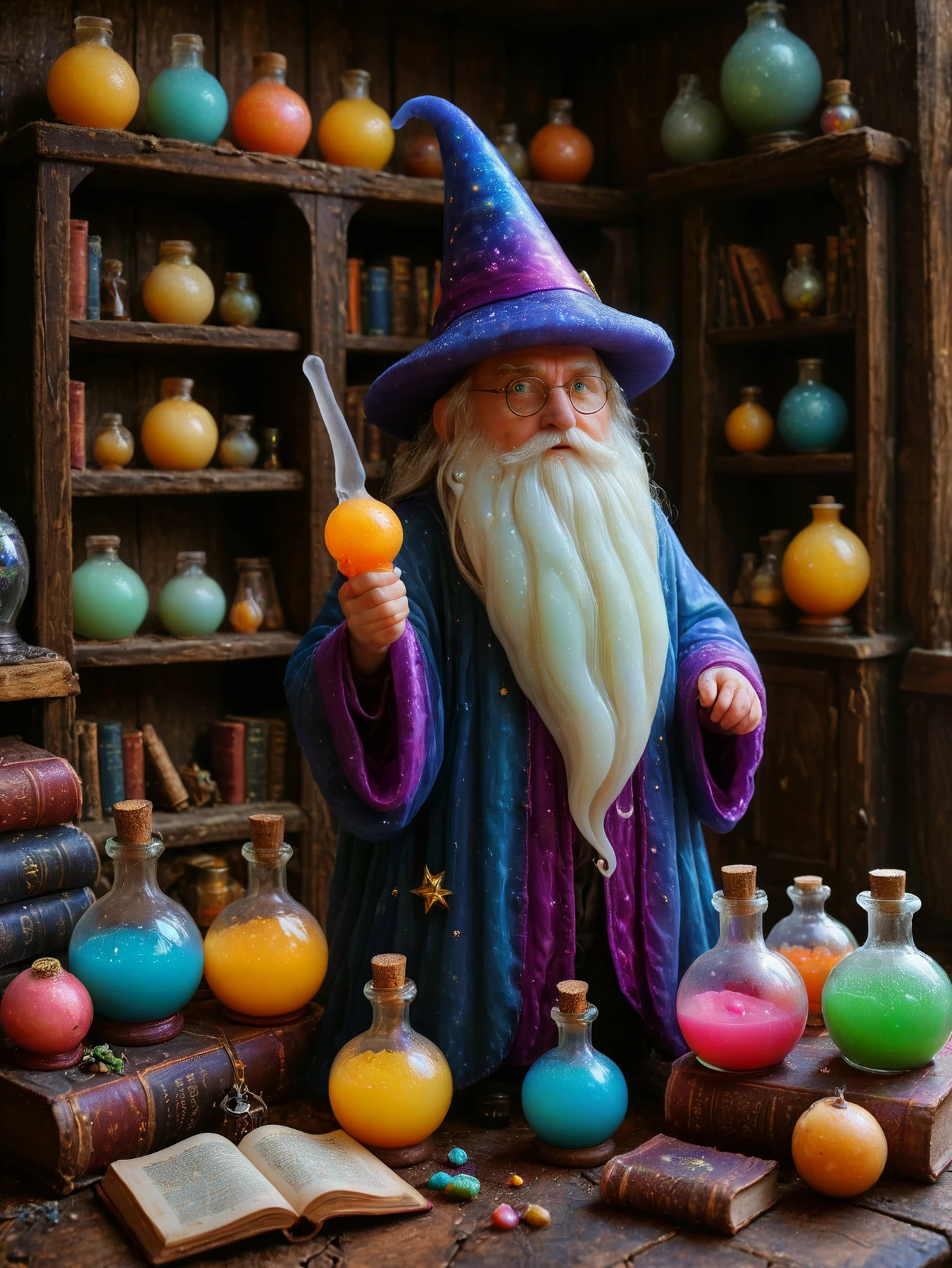 A squishy wizard, casting spells in his squishy spellcastikng room, decorated with colorful flasks, old books, wooden cabinets.

<lora:Squishy01_CE_SDXL_64x32x180x2bOT:0.8> sqshyCE style