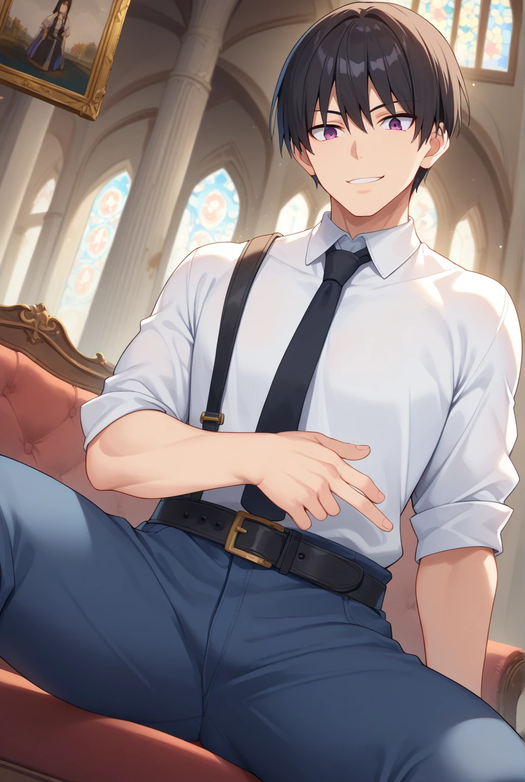 (score_9, score_8_up:1.1), score_7_up, high res image,masterpiece, takigi oze, 1boy, solo, black hair, purple eyes, black necktie, white shirt, blue pants, belt, toned body, smile, looking at viewer, from below, mansion, indoors, painting, sitting, spread legs