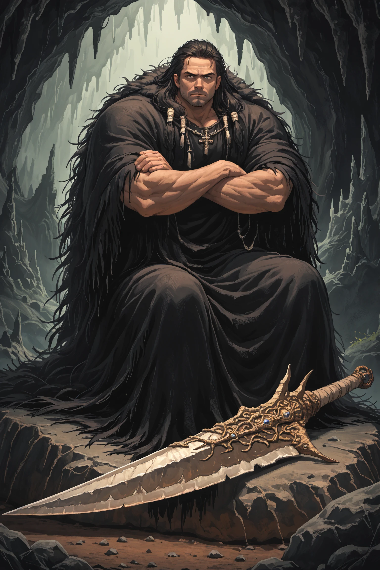 score_9, score_8_up,
<lora:nito_v1:1>, nito, man, muscular, sitting on rock, crossed arms, huge weapon, solo, greatsword, black robe, cave, fur trim, full body