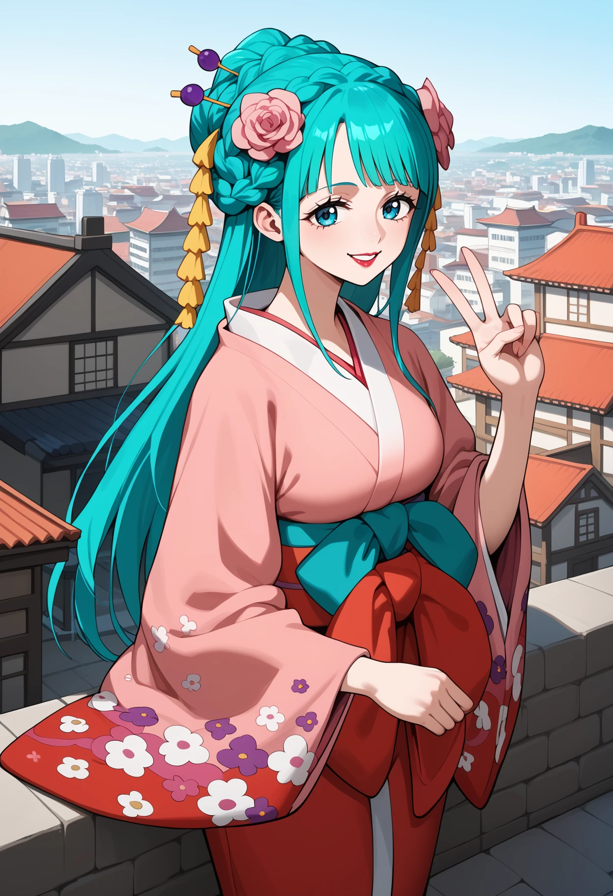 score_9, score_8_up, score_7_up, score_6_up, score_5_up, score_4_up, source_anime, aahiyori, long hair, aqua hair, braid, hair flower, blue eyes, lipstick, breasts, red kimono, pink kimono, sash, <lora:kouzuki_hiyori_ponyxl_v1:0.9>, rooftop, city, smile, peace sign,