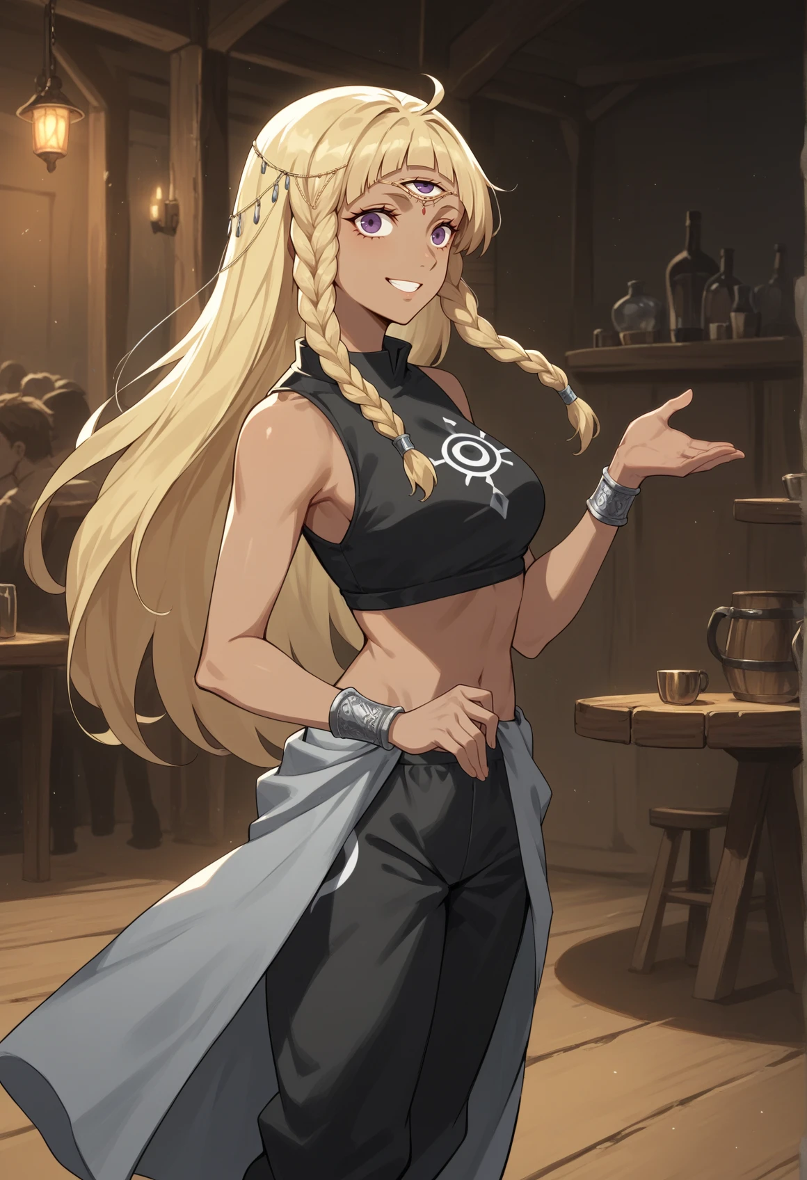 1girl, solo, long hair, blonde hair, braid, purple eyes, dark skin, third eye, silver bracelet, sleeveless, harem pants, dancing, indoors, tavern, smile <lora:eupha_pony:1>, score_9, score_8_up, score_7_up, score_6_up, score_5_up, score_4_up, BREAK source_anime, masterpiece