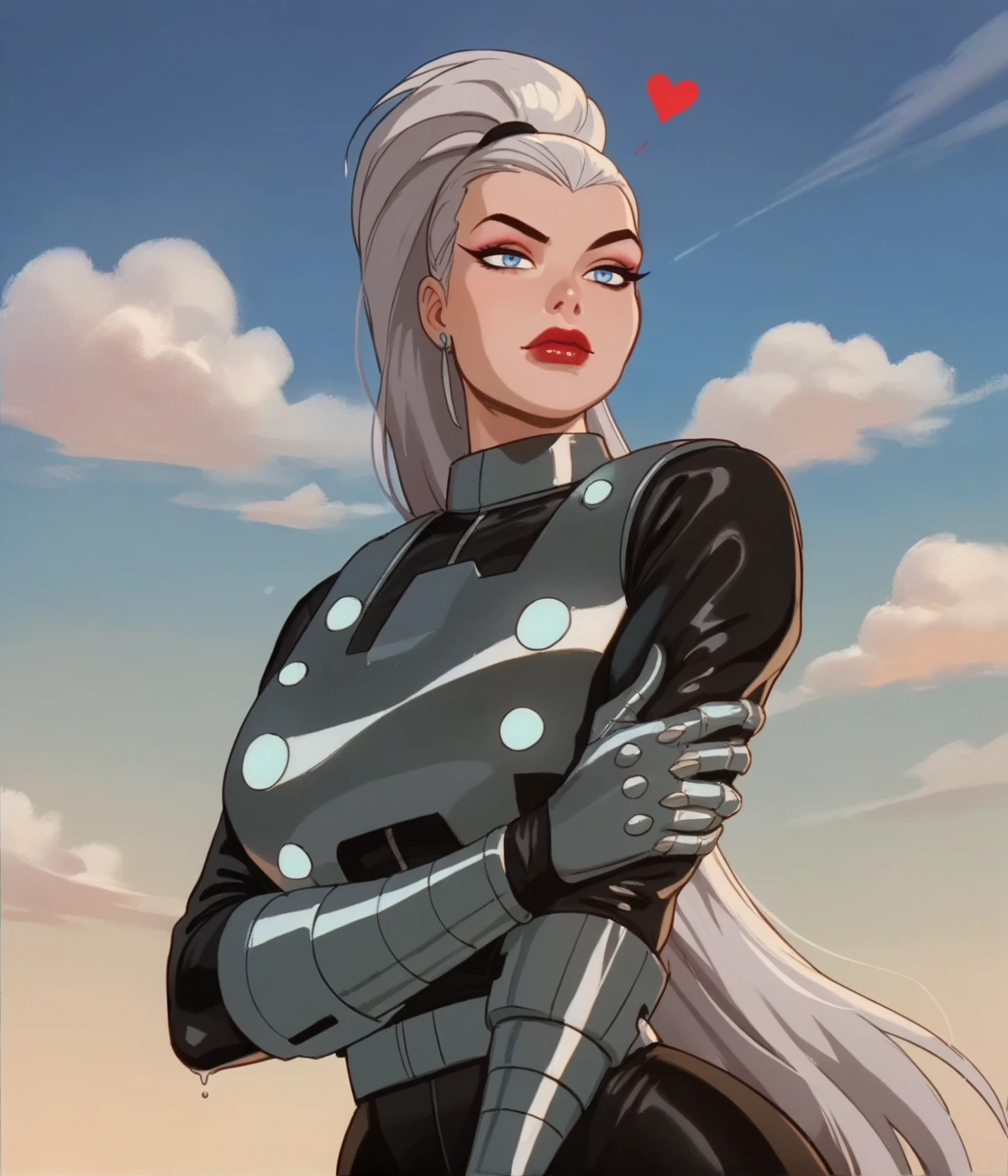 "0" :"score_9, score_8_up, score_7_up,M0l0x, 1girl, solo, long hair, blue eyes, ponytail, sky, cloud, uniform, lips, makeup, parody, lipstick, red lips, retro artstyle, style parody,((large breasts:1.6,oiled body,closed mouth,solo,hearts,oiled,ExpressiveH,g0thicPXL, glowing,neon))", 
