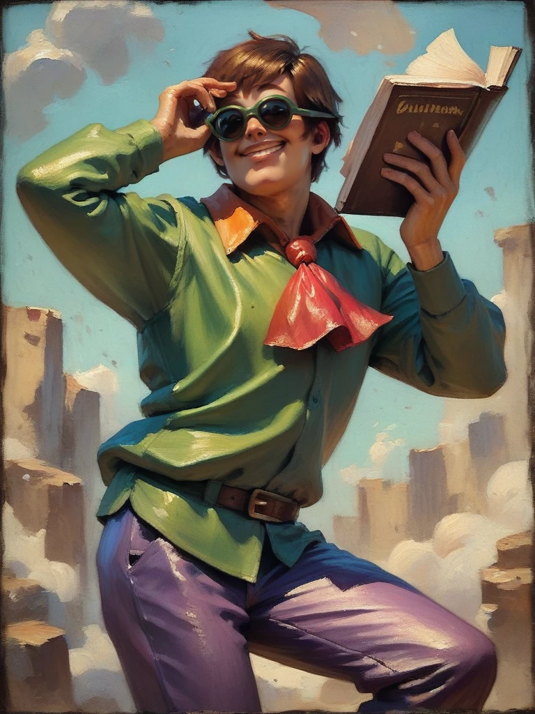 score_9, score_8_up, score_7_up, score_6_up, 1boy, holding a book, dynamic pose, smile, looking at viewer,
<lora:AlexanderCabot_character:0.8>, AlexanderXLP, short hair, brown hair, sunglasses, green shirt, , collared shirt, red ascot, purple pants, solo, <lora:Eldritch Oil Style LoRA_Pony XL v6:0.7> oil painting, traditional media, realistic,,