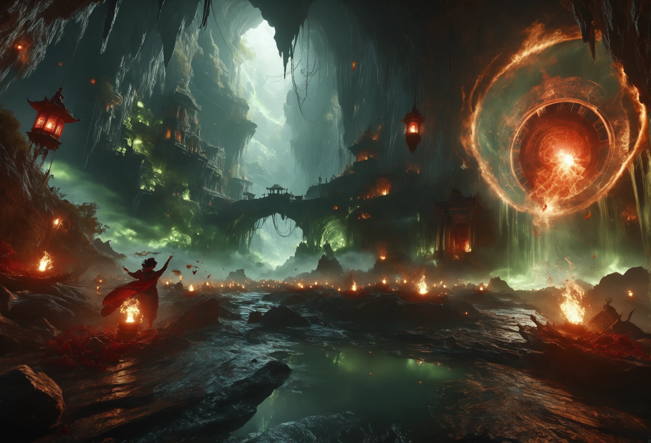 score_9, score_8_up, score_7_up, (in the middle is a massive glowing gate with intricate detailed frame, arms reaching out of portal from otherworld:1.2), abyssmerald, dark, haunting, green fog, cave, river, water reflection, red lantern, background fantasy, ancient background, masterpiece, top quality, best quality, official art, cinematic lightings, photorealistic.