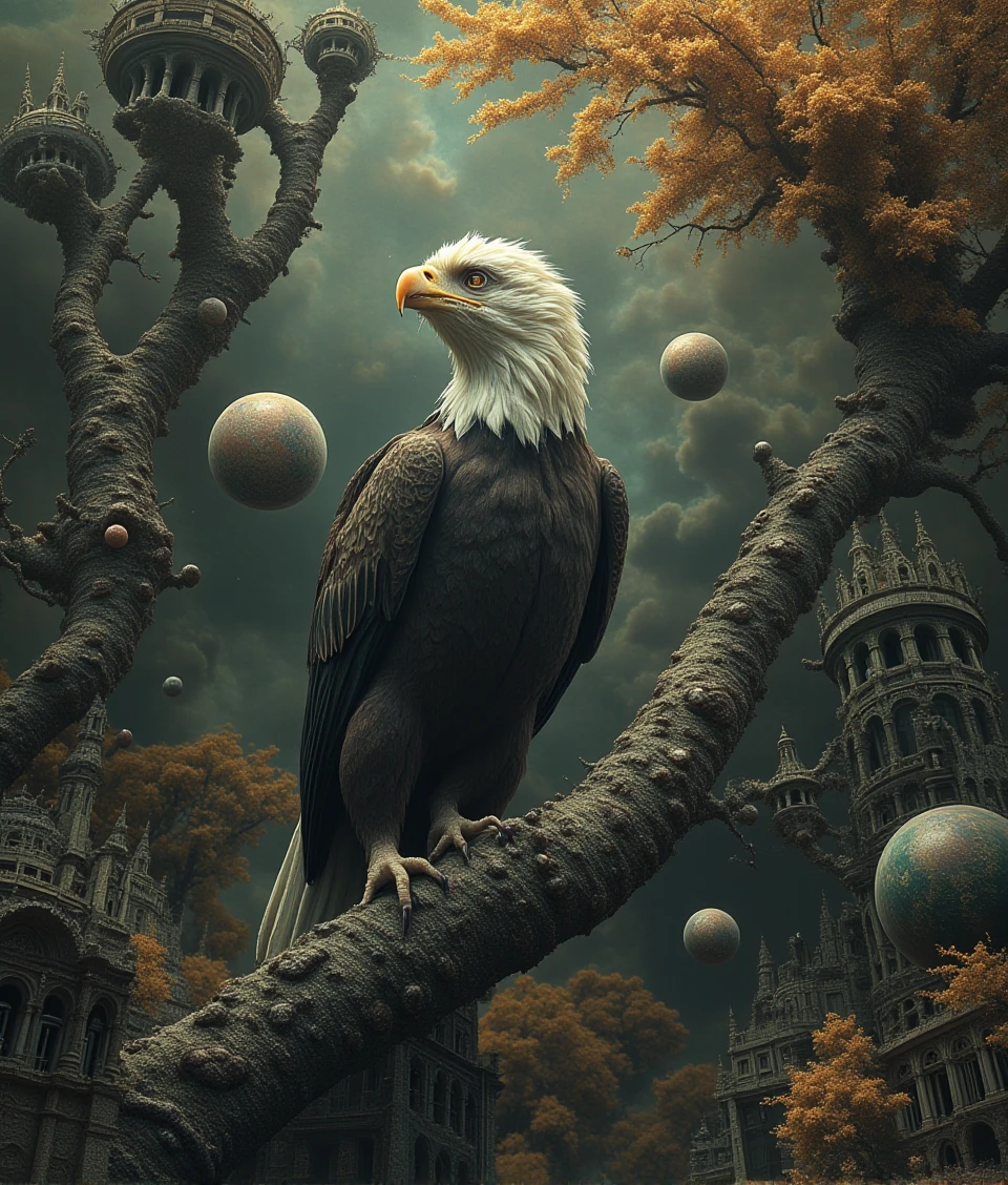 eerie-nightmarish,an eagle standing on tree in autumn, 