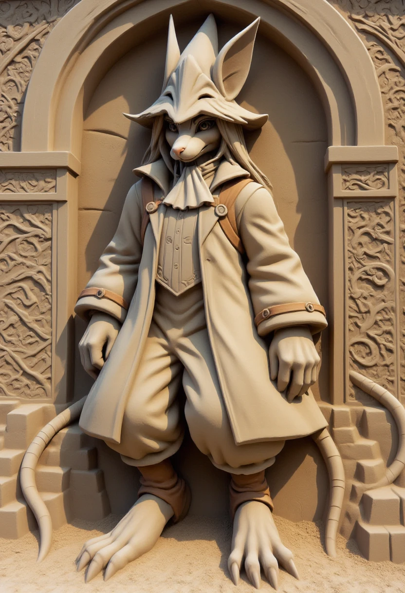 <lora:Sand_Sculpture_Sculptor_FLUX:1>  <lora:Freya_Crescent_-_FFIX_F1D:0.8>
 The image is a photograph of a detailed sand sculpture depicting freyac, furry rat girl with fur, wearing coat, ascot, leather gaiters, dragoon hat with intricate carvings.