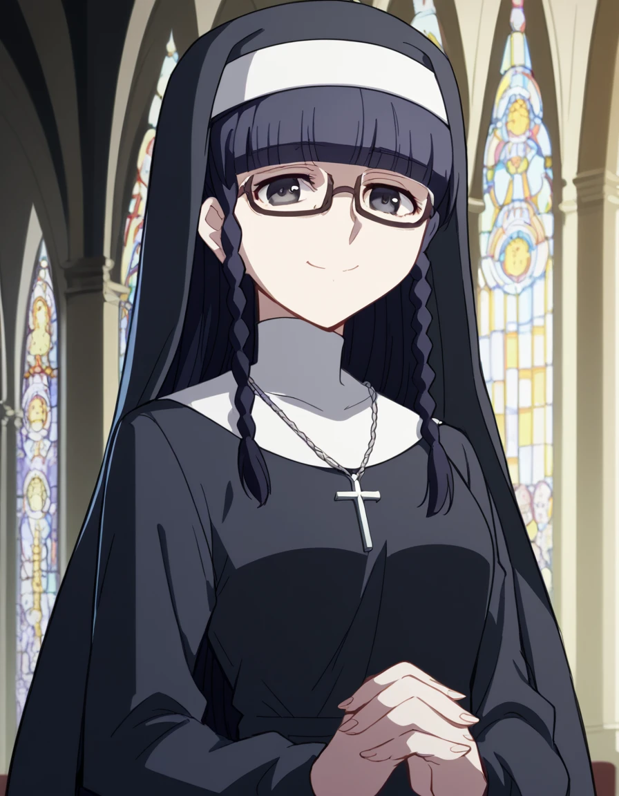 score_9, score_8_up, score_7_up, source_anime, <lora:setsuna-shimazaki-s1-ponyxl-lora-nochekaiser:1>, setsuna shimazaki, long hair, bangs, black eyes, black hair, braid, glasses, blunt bangs, twin braids, semi-rimless eyewear, under-rim eyewear, medium breasts,, <lora:traditional-nun-ponyxl-lora-nochekaiser:1>, traditional nun, nun, habit, long sleeves, dress, black dress, jewelry, black veil, cross, cross necklace,, church, smug, praying,, , dutch angle, cowboy shot