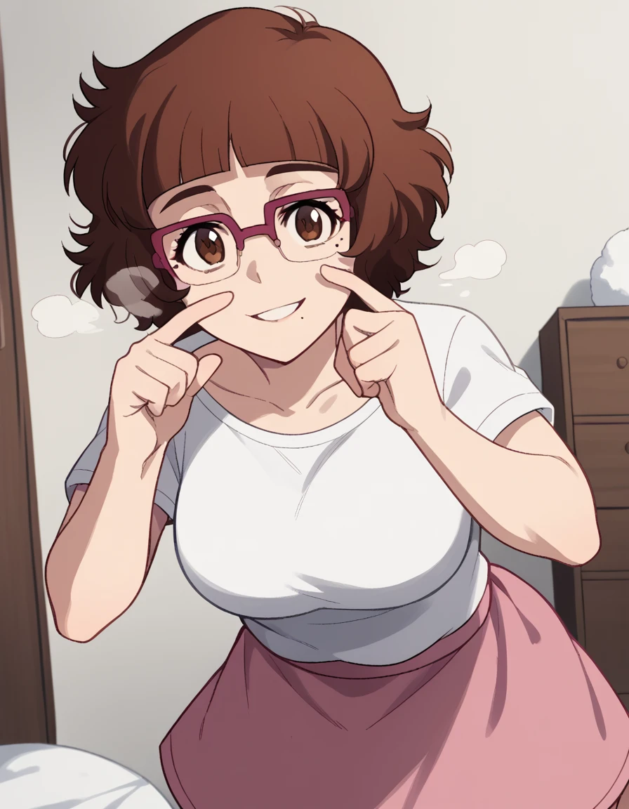 score_9, score_8_up, score_7_up, source_anime, <lora:recreators-marine-s1-ponyxl-lora-nochekaiser:1>, marine, short hair, brown hair, brown eyes, glasses, mole, mole under eye, bangs, blunt bangs, large breasts,, skirt, shirt, white shirt, short sleeves, pink skirt, collarbone,, snow day, winter clothes, snowball fight, laughter, cold breath, white landscape, smile, <lora:finger-to-cheek-ponyxl-lora-nochekaiser:1>, finger to cheek, index finger raised, pointing at self, bedroom, parted lips, leaning forward, bent over, cowboy shot, dutch angle,, looking at viewer, solo,, dutch angle, cowboy shot