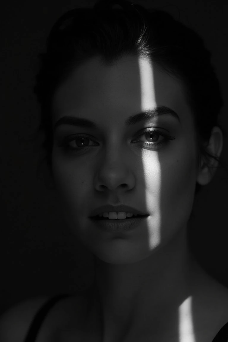 a professional portrait of wol4ur3nc0h3n, two vertically curved strips of light are visible on her face, the face is rather dark exept the swooping light that shines on the face, black and white photo with dark grey background