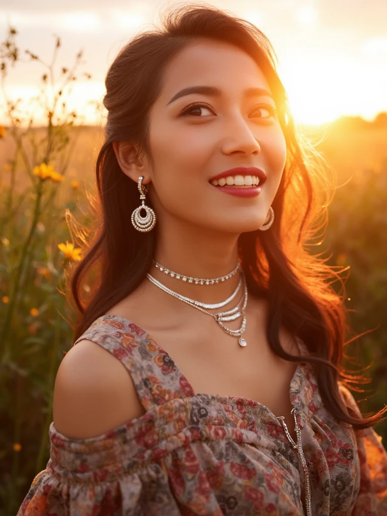 CYQ,
In a captivating, sunset-lit tableau, a radiant woman with an ethereal aura, poses outdoors amidst a field of wildflowers. Her eyes sparkle with mischief and joy as she flashes a dazzling smile, revealing perfectly parted lips adorned with vibrant lipstick. A cascade of precious jewels, ranging from delicate earrings to intricate necklaces, glimmer on her slender neck and wrists, adding an extra touch of opulence to her ensemble. The camera angles low, capturing her from a slightly elevated perspective that accentuates the natural curve of her neck and emphasizes the whimsical, bohemian feel of her flowing, multi-colored dress. The warm, golden hues of the setting sun cast long shadows behind her, illuminating her face in a soft, enchanting glow, creating a mesmerizing, dreamlike atmosphere that encapsulates her free spirit and captivates the viewer's attention.