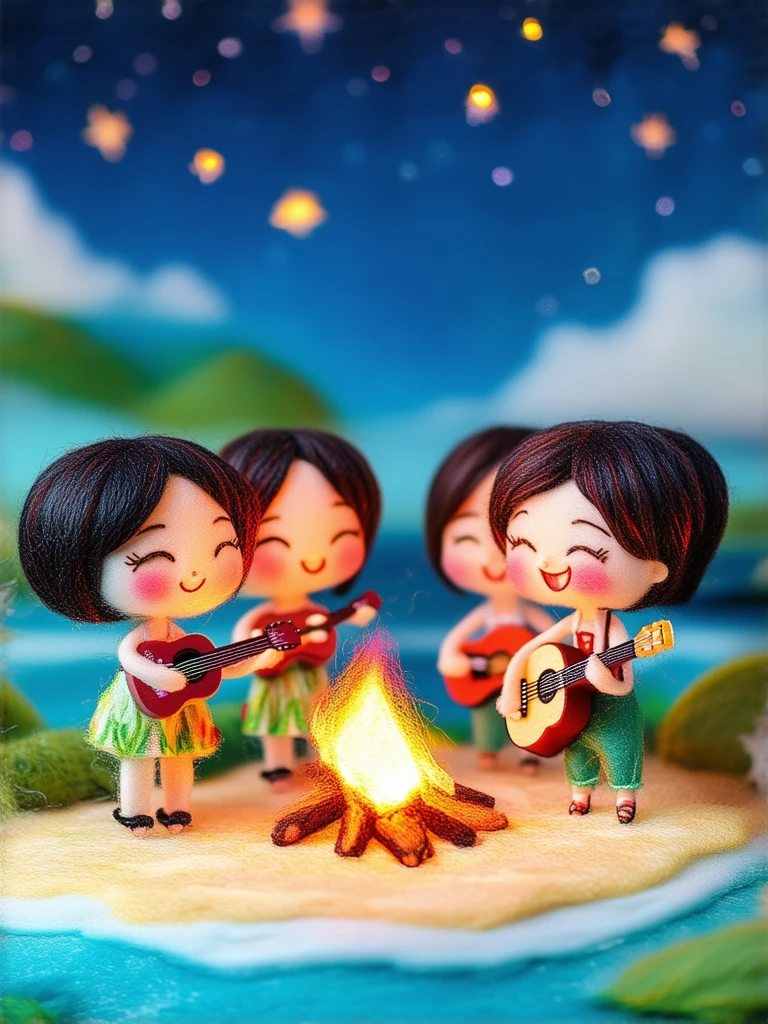 A group of teenagers are gathered around a bonfire at the beach, strumming guitars and singing along as the flames cast flickering shadows across their happy, carefree faces beneath a starry night sky.
