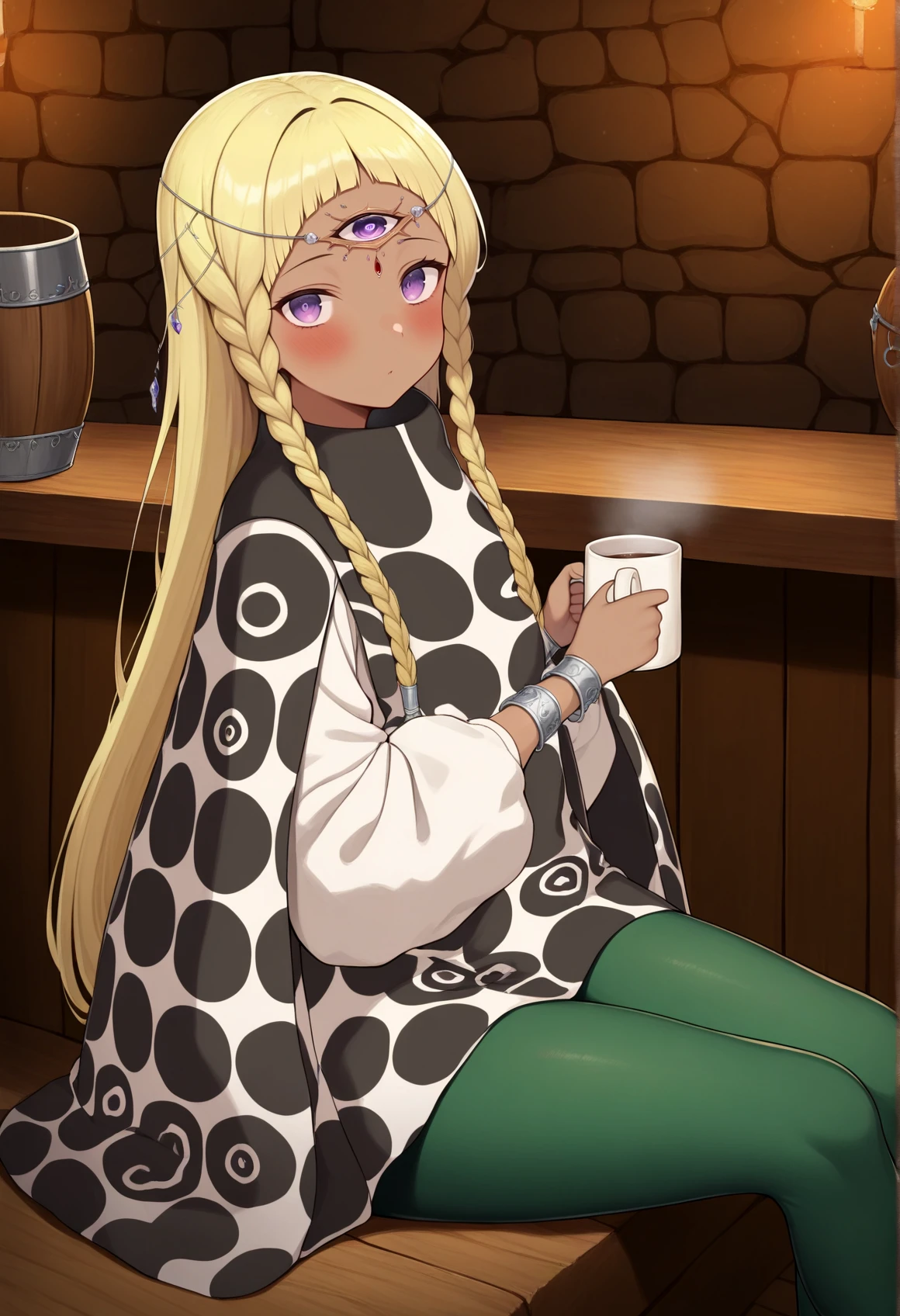 1girl, solo, long hair, blonde hair, braid, purple eyes, dark skin, third eye, circlet, silver bracelet, white shirt, long sleeves, green leggings, sitting, holding mug, indoors, tavern, looking at viewer, poncho  <lora:Eupha_Illus:1>, masterpiece, best quality, amazing quality, very aesthetic, absurdres, highres, newest