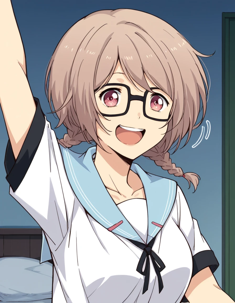 score_9, score_8_up, score_7_up, source_anime, <lora:an-onoya-s1-ponyxl-lora-nochekaiser:1>, an onoya, brown hair, pink eyes, braid, twin braids, glasses, large breasts,, shirt, ribbon, school uniform, short sleeves, serafuku, sailor collar,, bedroom, alarm clock, morning routine, yawning, stretching, on bed,, smile, smile, looking at viewer, solo,, dutch angle, cowboy shot