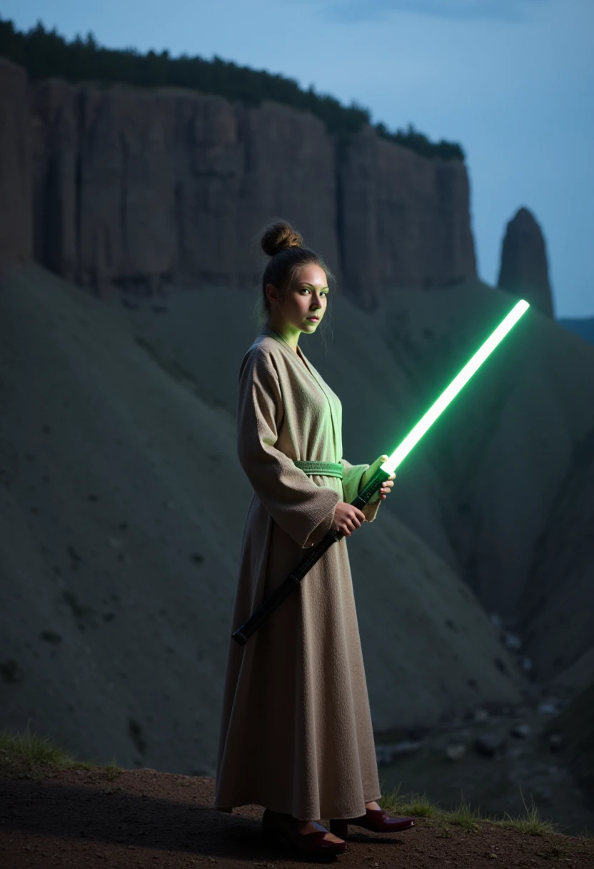 a raw high resolution sharp photo of a young woman, highly detailed skin, her hair is styled in a bun , she is wearing a jedi robe, the photo is a full body shot, she is standing near a cliff while holding a  lightsaber, the photo is symmetrical, depth of field, volumetric lighting, the lighting is dramatic and moody