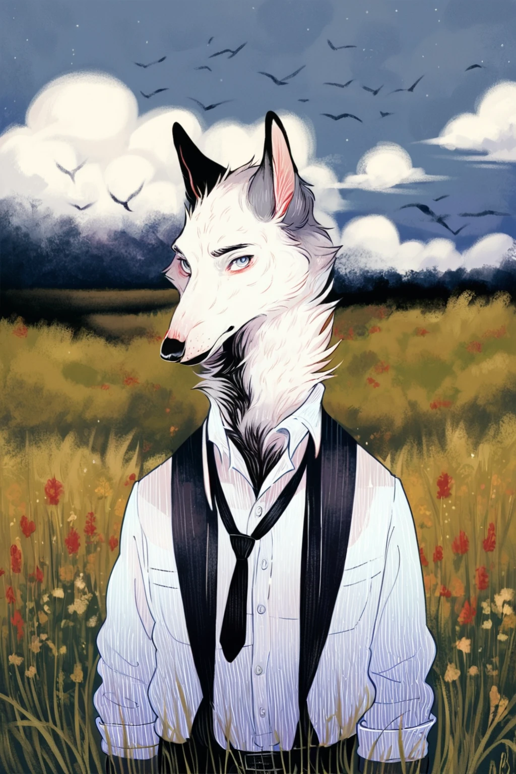 score_9, score_8_up, score_7_up, solo, looking at viewer, shirt, 1boy, white shirt, upper body, male focus, outdoors, necktie, sky, collared shirt, bird, animal, grass, furry male, cloud, no humans, dress shirt, black necktie, furry, grey sky, flock<lora:dappermouth:1.5>, night, darkâââ