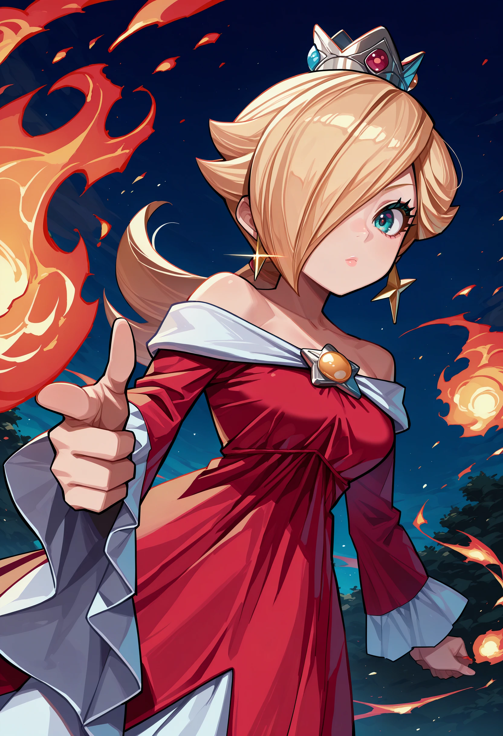 masterpiece, best quality, 1girl, solo, RslnFF, ponytail, crown, red dress, bare shoulders, off-shoulder dress, long sleeves, <lora:Rosalina_illusXL_Incrs_v1:1>, outdoors, looking at viewer, collarbone, night, dark enviroment, fire, fireball, pyrokinesis, Surrounded by flames, foreshortening, finger gun, from below, aiming at viewer,