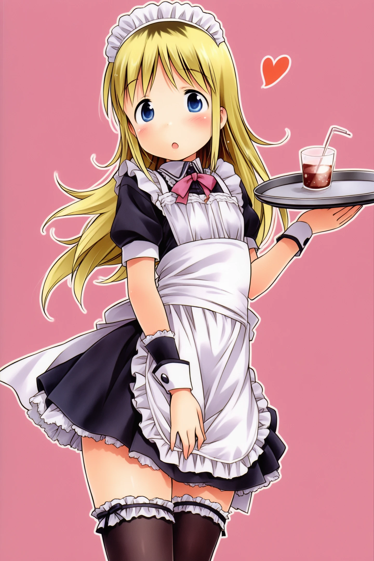 Ana Coppola,1girl,solo,blue eyes,blonde hair,long hair,tray,waitress,maid,heart,looking at viewer,:o,
<lora:Ichigo Mashimaro_illustriousXL:0.8>,