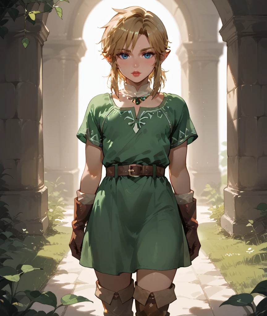 score_9, score_8_up, score_7_up, incredible lighting, shadows, 8k, (solo), (white background), 1guy, cowboy shot, facing the viewer, eye contact blushing, lipstick, eyeliner, femboy_link, blonde hair, green dress, gloves, boots, belt, gloves, <lora:Femboy_Link:0.8>