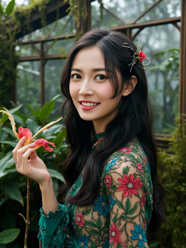 CYQ,
In a surreal, dream-like scene set within an abandoned greenhouse, the ethereal figure of CYQ, a woman with raven-black hair cascading down her back like a waterfall, is captured in a close-up image. Her radiant smile, highlighted by soft moonlight filtering through the shattered glass panes, reveals perfectly white teeth that glimmer as if made of porcelain. She wears a one-of-a-kind outfit consisting of an intricately embroidered Victorian dress adorned with vibrant, otherworldly flowers and leaves, its colors contrasting sharply against the faded, moss-covered walls of the greenhouse. Her long hair, woven with delicate tendrils resembling ivy vines, frames her face as she gazes directly at the viewer, a sense of warmth and tranquility emanating from her deep emerald eyes. In her right hand, she holds a large, exotic flower, its petals glowing faintly, as if infused with an inner light. The background details reveal a dense jungle-like growth of flora that has taken over the once pristine greenhouse, their vines twisting and wrapping around the decaying metal frames, creating a mesmerizing tableau vivant in the dimly lit room. A sense of wonder and enchantment pervades the image, as if the viewer has stumbled upon a moment frozen in time within this otherworldly oasis.