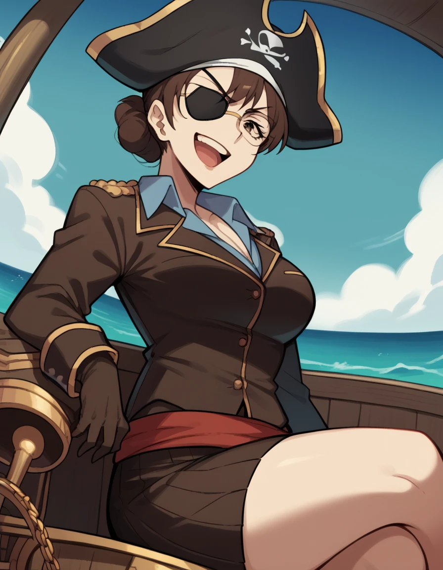 score_9, score_8_up, score_7_up, source_anime, <lora:aki-kikuchihara-s1-ponyxl-lora-nochekaiser:1>, aki kikuchihara, brown hair, brown eyes, glasses, mature female, large breasts,, <lora:pirate-costume-ponyxl-lora-nochekaiser:1>, pirate costume, pirate hat...