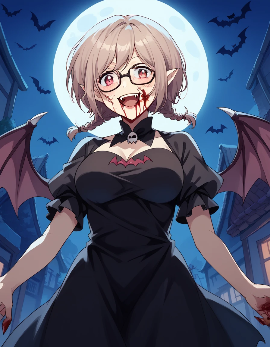 score_9, score_8_up, score_7_up, source_anime, <lora:an-onoya-s1-ponyxl-lora-nochekaiser:1>, an onoya, brown hair, pink eyes, braid, twin braids, glasses, large breasts,, <lora:vampire-ponyxl-lora-nochekaiser:1>, vampire, red eyes, pointy ears, fangs, black dress, wings, blood, blood on face, blood on mouth, bat (animal), halloween, halloween costume, upper teeth only, night, moon, blush, smile, open mouth, , dutch angle, cowboy shot