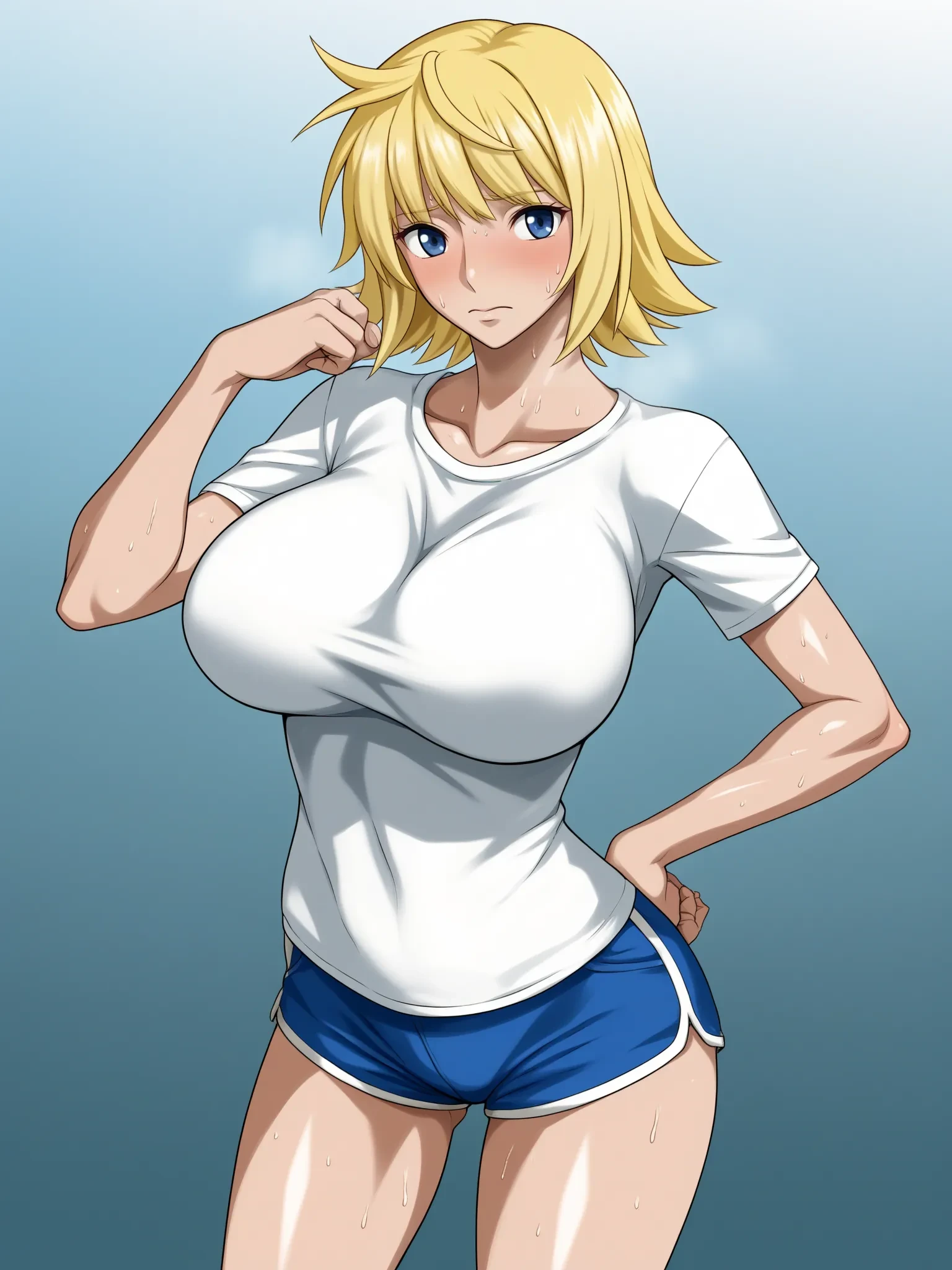 1girl, shirt, shorts, standing, looking at viewer, uncensored, score 9 up, score 8 up,
 <lora:[Nel-zel formula] Assorted 'Non-One Piece Variant' ArtistCG Style PonyXL :1>,blush, sweat, blonde hair, large breasts, solo focus,