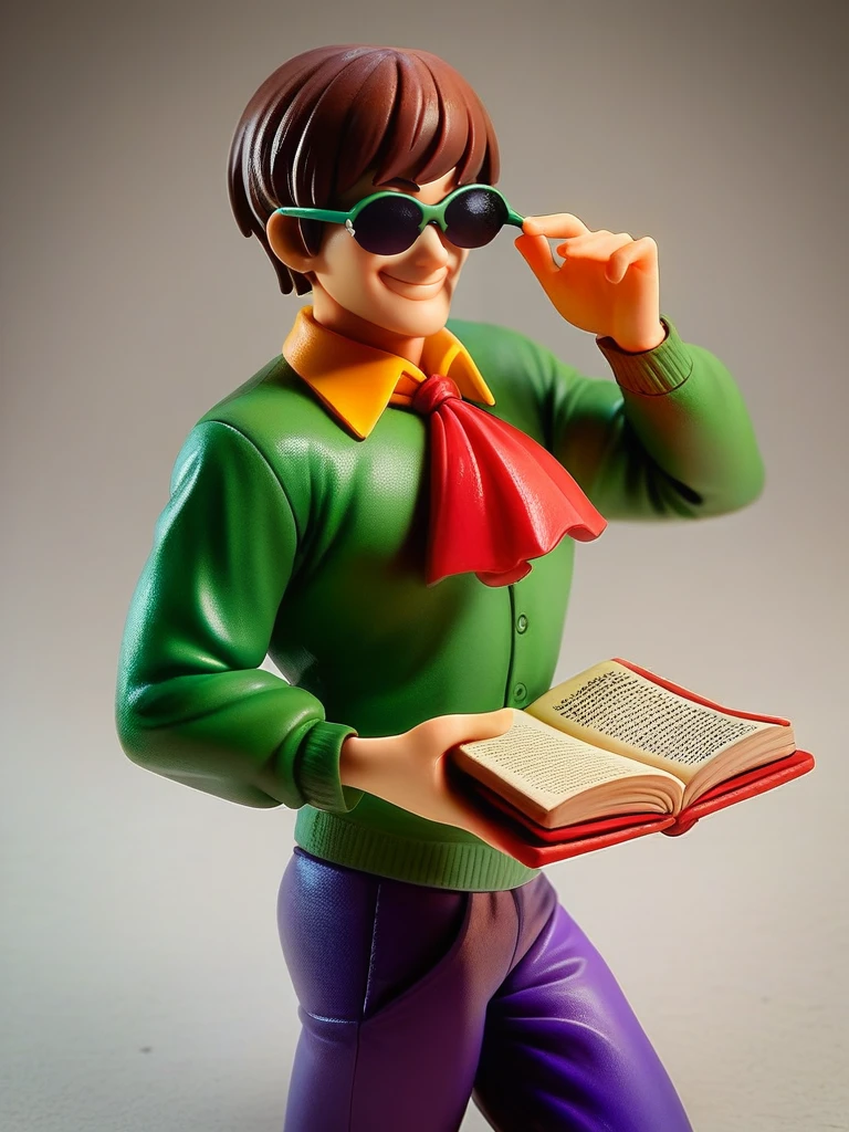 score_9, score_8_up, score_7_up, score_6_up, 1boy, holding a book, dynamic pose, smile, looking at viewer,
 <lora:AlexanderCabot_character:0.8>, AlexanderXLP, short hair, brown hair, sunglasses, green shirt, , collared shirt, red ascot, purple pants,  solo, <lora:Anime_Figure_P1:0.85> figure