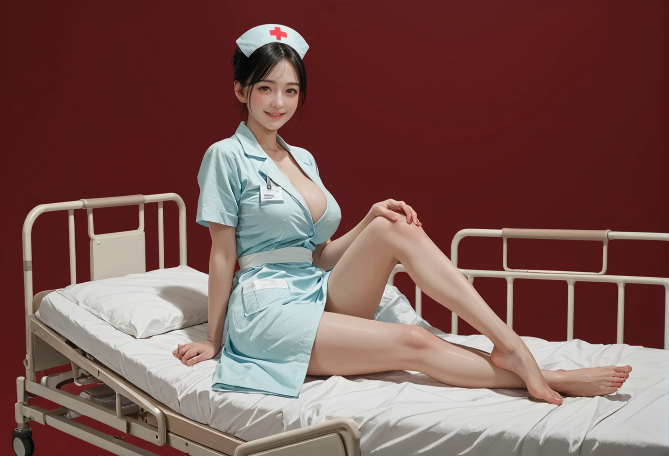 ,ruanyi1124,hospital bed,still life,
red background,nurse,1girl,barefoot,cowboy shot,on bed,hospital,panorama,one knee,<lora:1124 hospital bed_v1_pony:1>, score_9, score_8_up, score_7_up, score_6_up, score_9, score_8_up, score_7_up, score_6_up source_anime, blush, 1girl, seduce smile, perfect body , natural huge breasts