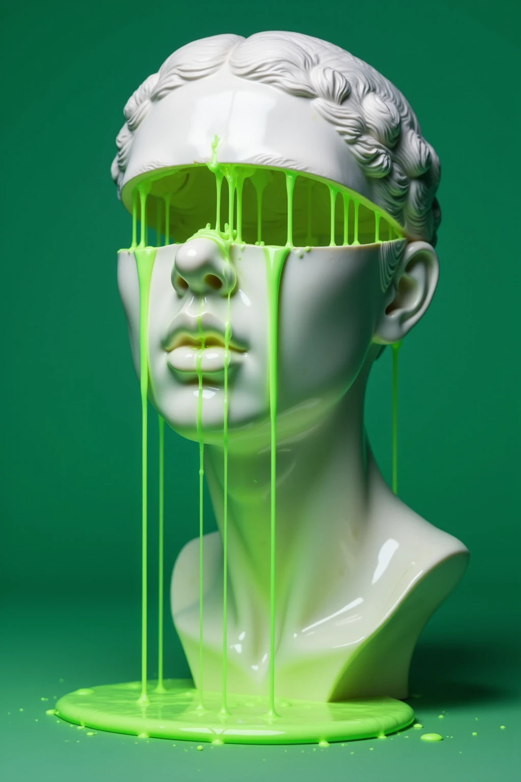 CynthiaSculpture, this is an image of a female statue with a surreal and modern art style, showing a close-up of the head. the statue is cut open around the eye area, from which green fluorescent liquid flows, dripping down the face and chin, pooling at the base to form a small puddle. the statue is rendered in white marble, contrasting sharply with the bright neon green, enhancing the visual impact. the background is solid green, making the statue and flowing liquid stand out more prominently. the overall style combines the elegance of classical sculpture with the bold creativity of modern surrealism, creating a mysterious and futuristic visual effect.