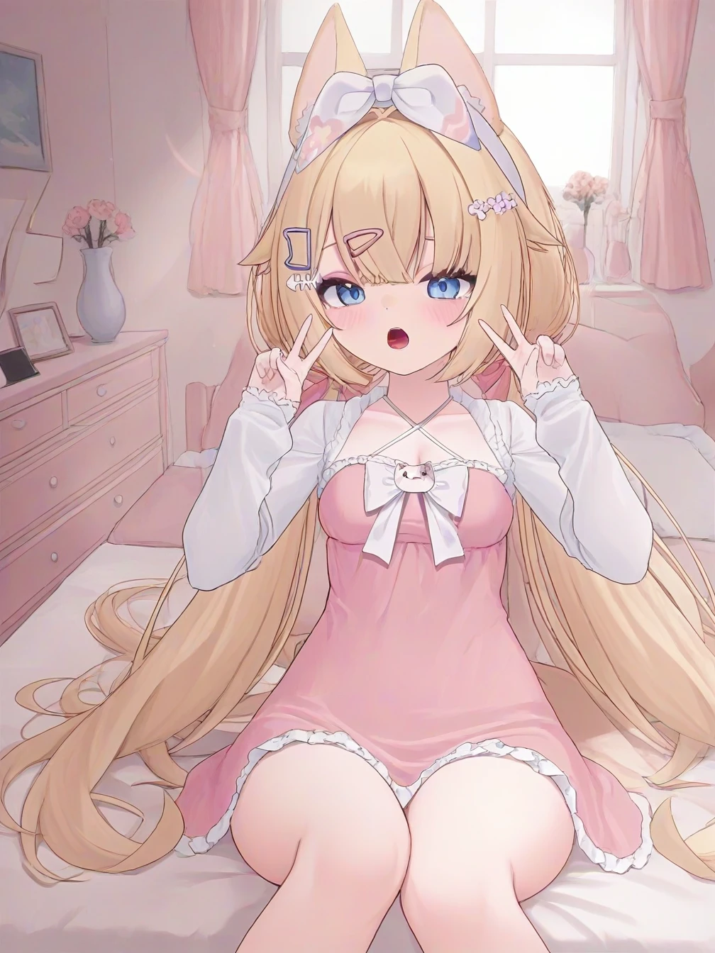 1girl,aaaki,solo,
open mouth,sitting on bed,double v,
light rays,room,window,vase,flower,bend,bedroom,chest of drawers,
upper body,close-up,
masterpiece,best quality,newest,
<lora:ill-xl-01-aaaki_6-000032:1>,