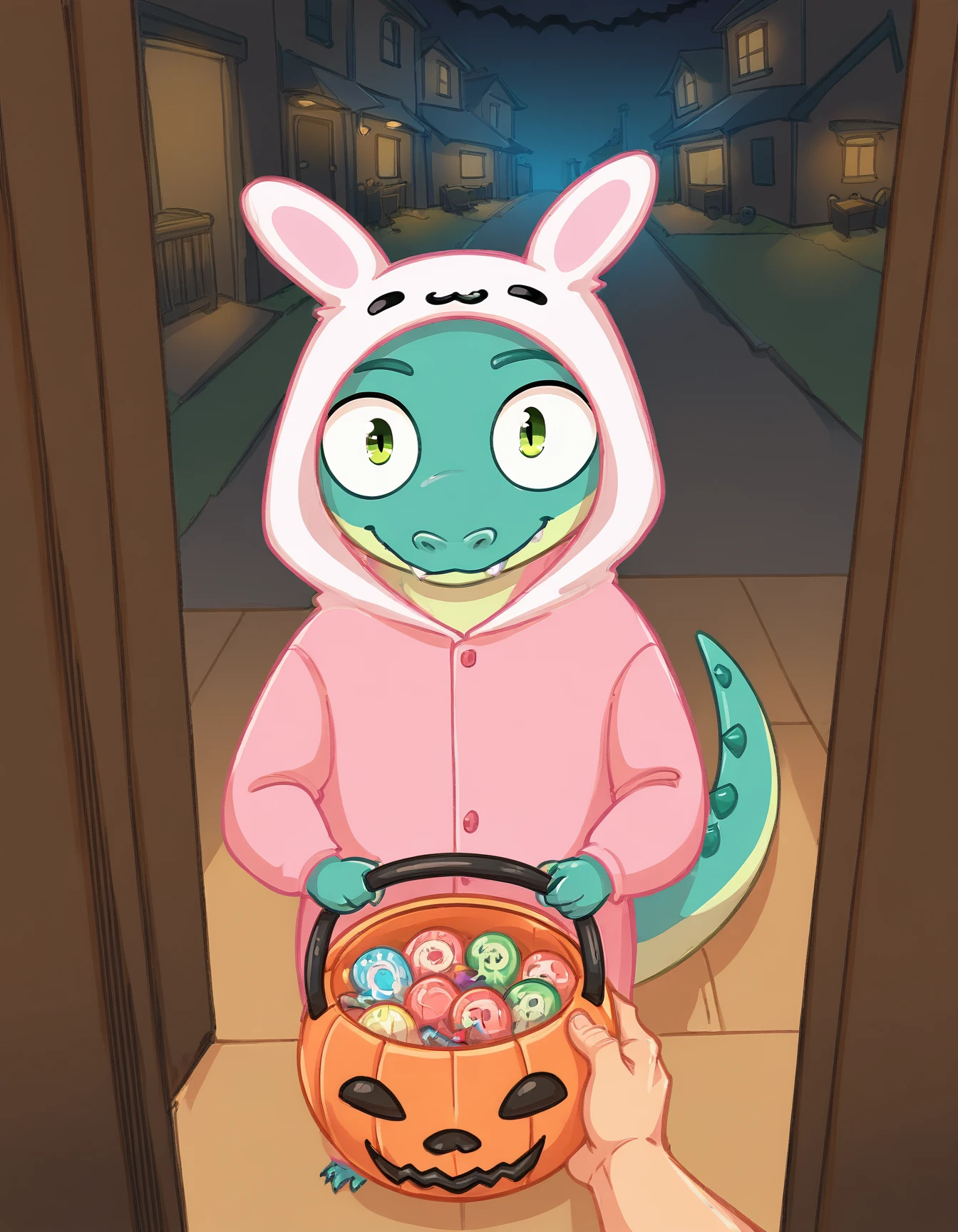 score_9, score_8_up, score_7_up, score_6_up, score_5_up, score_4_up, reptile
Zhora, green eyes, pink pajamas, hood, turquoise skin, two tone skin, sharp teeth, tail, long nose, halloween, pov, human hand, offscreen male, giving candies, closed mouth,<lora:Trick_or_treat:0.5>, holding, halloween bucket, doorway, door, street background, modern Halloween,
 <lora:Zhora_XL:1>