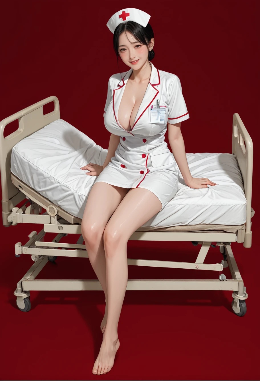 ,ruanyi1124,hospital bed,red background,full body,nurse,1girl,<lora:1124 hospital bed_v1_pony:1>, score_9, score_8_up, score_7_up, score_6_up, score_9, score_8_up, score_7_up, score_6_up source_anime, blush, horny, 1girl, seduce smile, perfect body , natural huge breasts , source _anime,