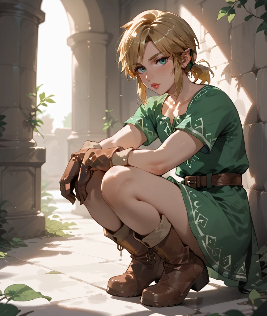 score_9, score_8_up, score_7_up, incredible lighting, shadows, 8k, (solo), (white background), 1guy, full body shot, squatting, facing the viewer, eye contact blushing, lipstick, eyeliner, femboy_link, blonde hair, green dress, gloves, boots, belt, gloves, <lora:Femboy_Link:0.8>