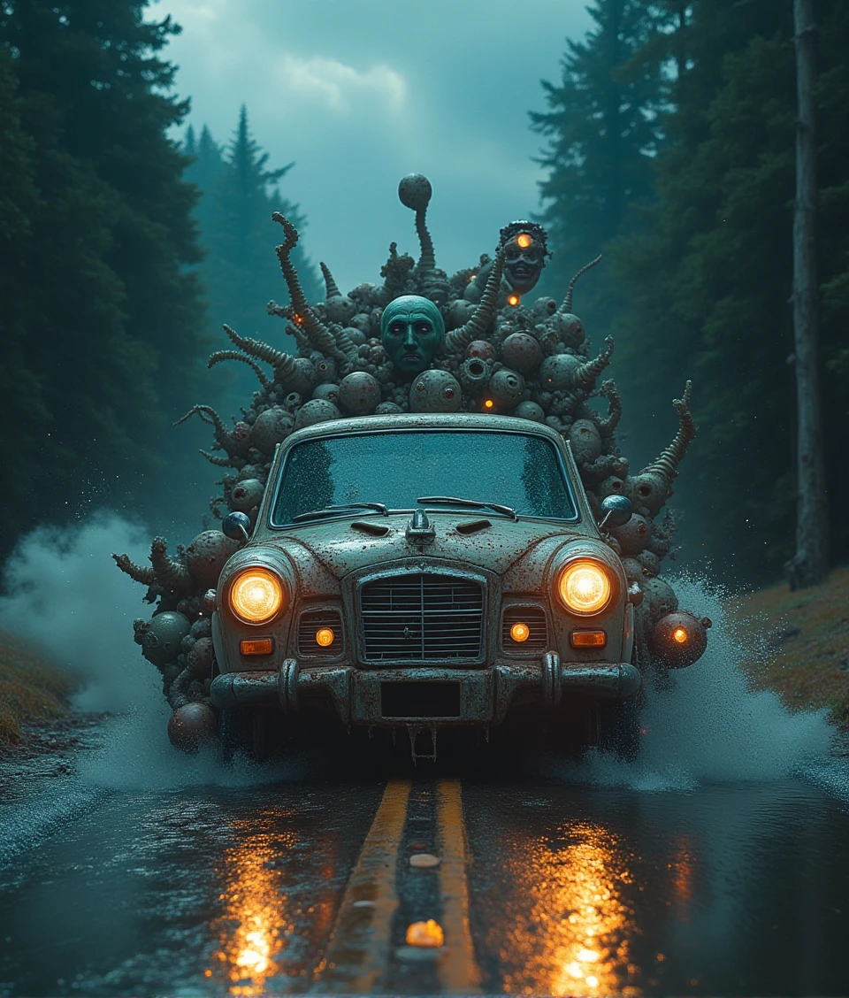 eerie-nightmarish,a biologically transformed car on road