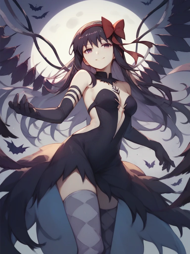 score_9,score_8_up,score_7_up, <lora:akuma_homura:1>ï¼hair bow, black gloves, black dress, elbow gloves, choker, bare shoulders, thighhighs,argyle clothes, full moon, feathered wings, smile, solo, akemi homura, 1girl, halloween, akuma homura, medium breasts