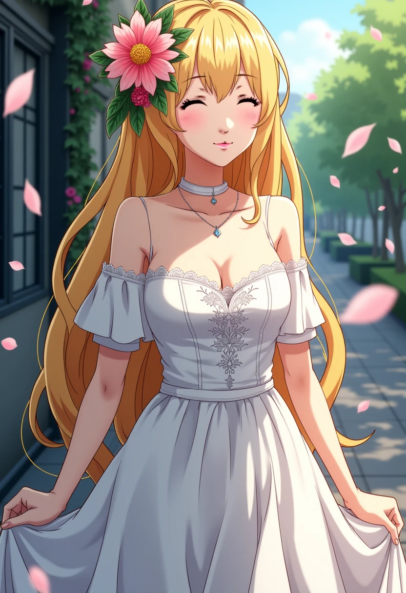 A detailed solo portrait of mifune chihaya,, blonde,
Anime style, sharp, high contrast and highly detailed.,
 <lora:persona5_mifune_chihaya_flux_1_2-000004:1>,
She is in an elegant, off-the-shoulder white dress that has delicate ruffled sleeves and a fitted bodice adorned with lace and intricate details. Her hair is styled simply but adorned with a floral hairpiece composed of a large vibrant flower on the side. The dress suggests a bridal theme, with a flared skirt and a delicate belt at the waist. Around her neck, she wears a choker-style necklace. She is standing outdoors all solo, surrounded by falling petals, creating a romantic and serene atmosphere. The expression on her face is soft, with a gentle smile, conveying calmness and grace. She close her eyes in happiness.