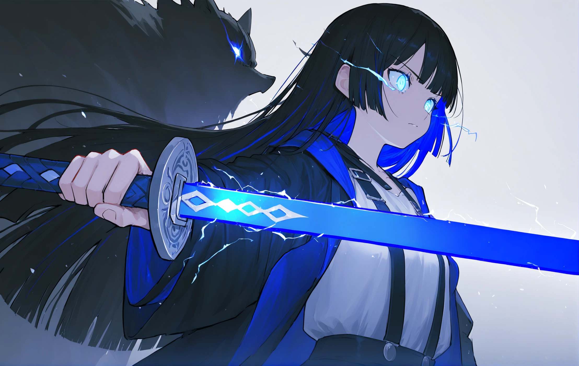 best quality,masterpiece,absurdres,newest,
<lora:ANR STYLE:1>,(anr style:1.3),
This is a high-energy digital artwork featuring a fierce young woman wielding a glowing blue sword against a chaotic backdrop of dark, ominous figures. The woman, with fair skin and short, dark hair, has intense blue eyes and a determined expression. She wears a form-fitting outfit with dark and light blue tones, which contrasts sharply against the vivid red and purple hues of the background. The background is a mix of dark, shadowy figures with glowing eyes and jagged, lightning-like blue streaks, creating a sense of danger and urgency. The composition uses dramatic lighting, primarily artificial, with bright highlights on the sword and the woman, emphasizing her as the focal point. The camera angle is low and dynamic, giving a sense of power and movement. The depth of field is shallow, keeping the background slightly blurred to draw attention to the woman and her sword. The overall style is reminiscent of action-packed anime or video game art.