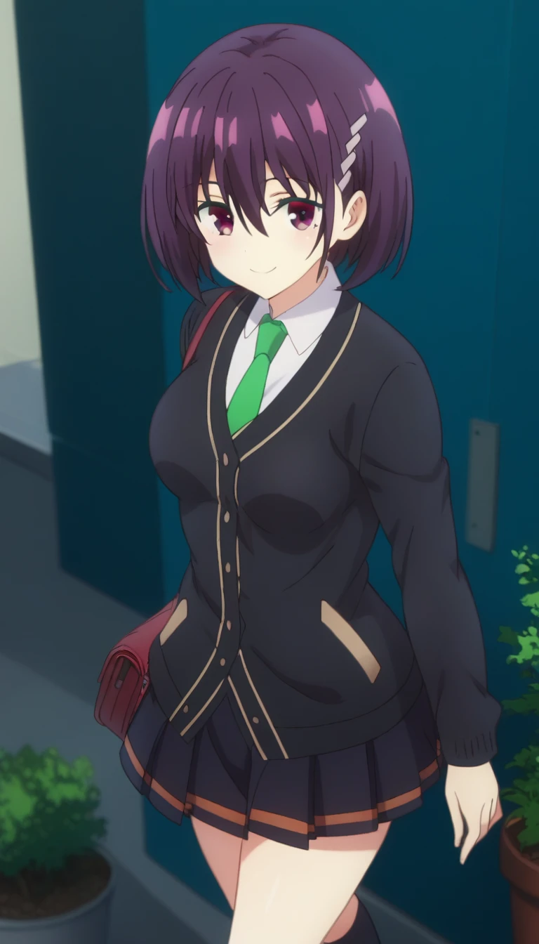 score_9,score_8_up,score_7_up,score_6_up BREAK official art,solo,outdoors,cowboy shot,looking at viewer,facing viewer,smile,blush,Suzu Kanade,short hair,purple hair,bob cut,hair ornament,hairclip,hair between eyes,bangs,purple eyes,school uniform,black cardigan,green necktie,collared shirt,white shirt,medium breasts,long sleeves,miniskirt,black skirt,pleated skirt,black socks,loafers,<lora:Suzu Kanade(at)-Pony:1.8>,