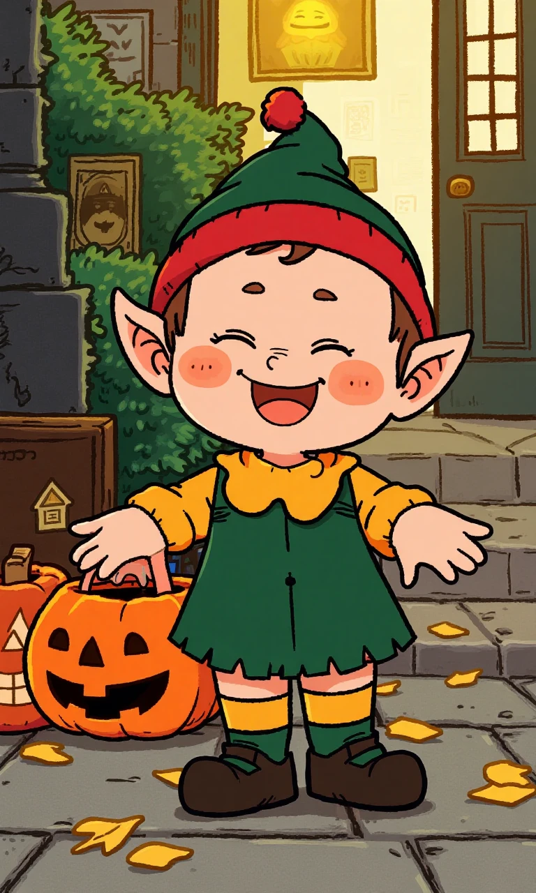 A Halloween elf <lora:flux-test\flux.1_lora_flyway_simple-illustration:1.0>