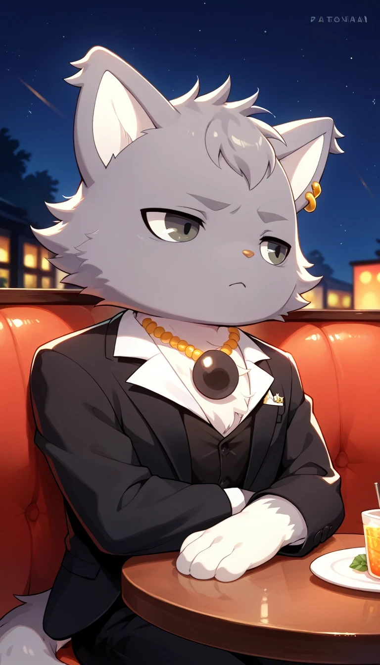 dian, male, furry, furry male, solo, 1boy, jewelry, no humans, solo, necklace, :3, cat, earrings, relaxed, tired, looking away, crossing arms, tuxedo, sitting at table, restaurant setting, (((at night)))