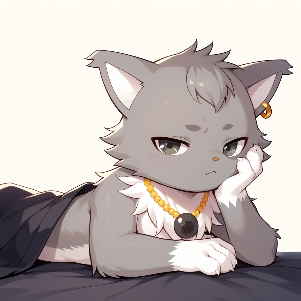 dian, male, furry, furry male, solo, 1boy, jewelry, no humans, solo, necklace, :3, cat, earrings, on bed, upper body, hand on face, (((lying on stomach))), side view, relaxed, tired, looking at viewer, simple background