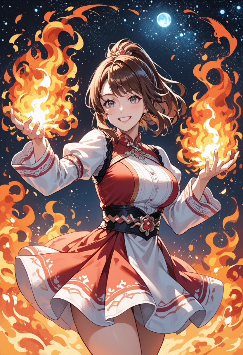 score_9, score_8_up, score_7_up, source_anime, perfect anatomy, ((outlined outlined vector graphics)), ,cute face, ,,cowboy shot, starry night, clothed, sleeves,
1girl, ,20yo, brown hair, gray eyes, (large breast:1), (ponytail:1.1), medium hair,(curvy:1.1),(light blue clohtes:1.1),bangs,,fantasy,, standing , action pose ,glittering, glimmering,open eyes ,smile beam, dress, rainbow,skirt,inferno, red inferno <lora:inferno-tasuki-001:0.8>