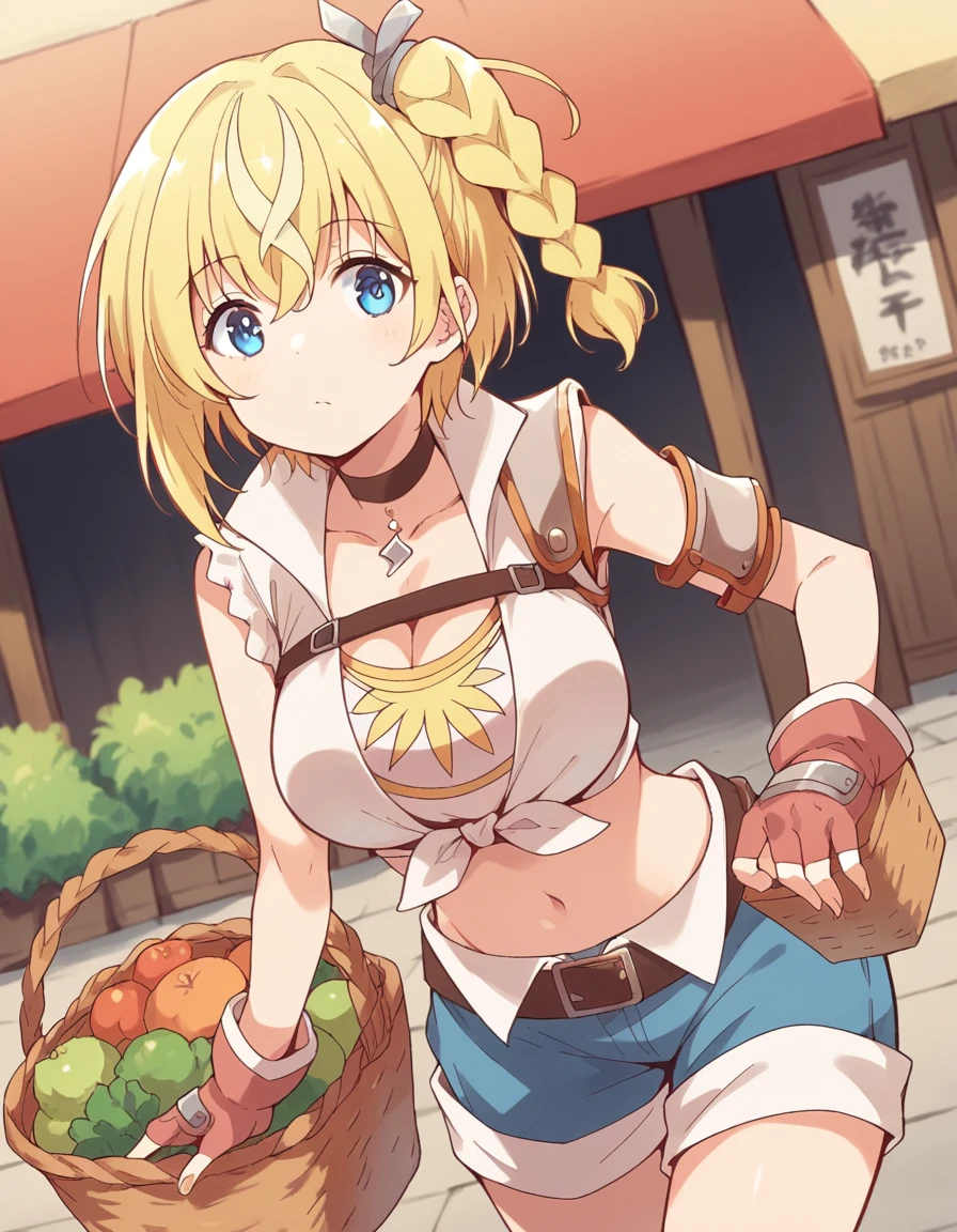 score_9, score_8_up, score_7_up, source_anime, <lora:vending-lammis-s1-ponyxl-lora-nochekaiser:1>, lammis, short hair, bangs, blue eyes, blonde hair, multicolored hair, streaked hair, braid, single braid, one side up, large breasts,, shirt, gloves, navel, cleavage, white shirt, shorts, sleeveless, choker, midriff, belt, fingerless gloves, crop top, short shorts, sleeveless shirt, brown gloves, red gloves, blue shorts, denim shorts, black belt, brown belt,, farmers market, fresh produce, local vendors, baskets, sunny day, community, , leaning forward,, looking at viewer, solo,, dutch angle, cowboy shot