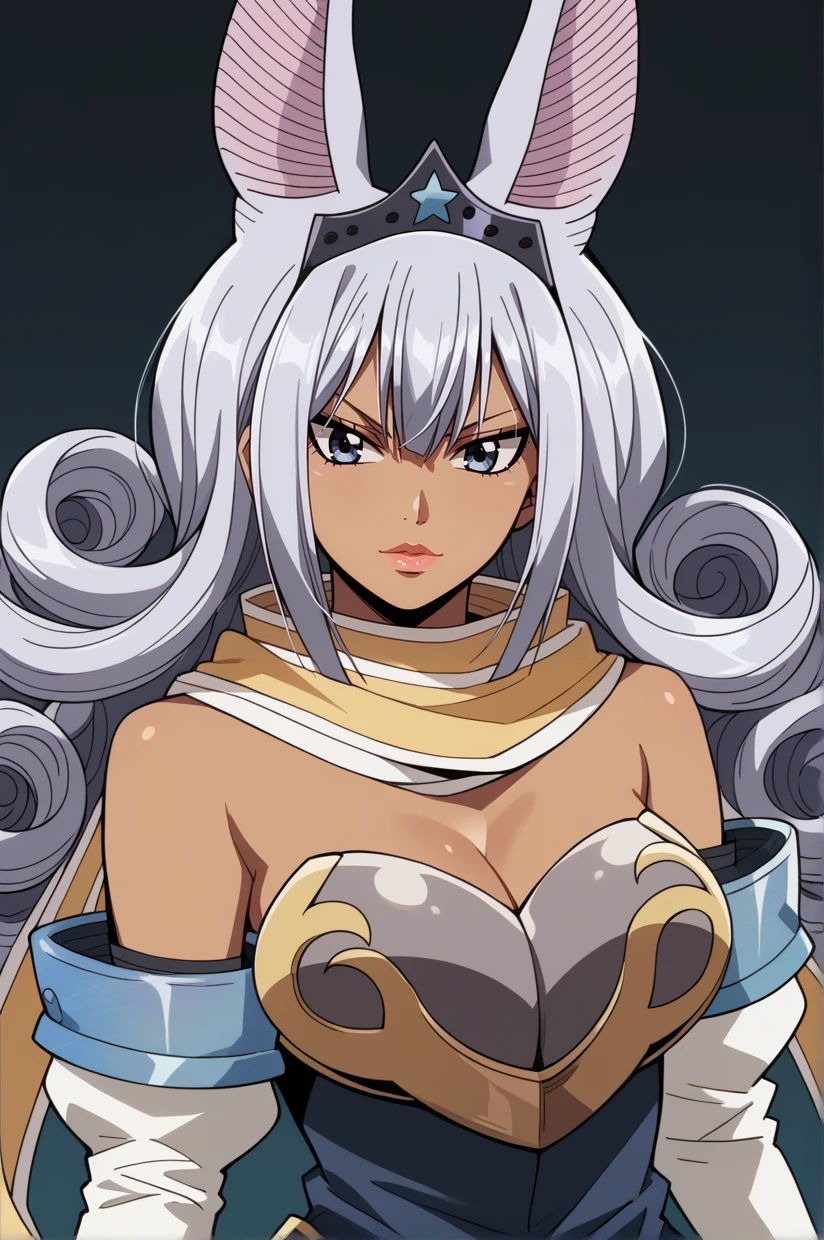 <lora:FTSwanNSLT:1> SwanFT, swan (fairy tail), animal ears, rabbit ears, long hair, grey hair, dark-skinned female, blue eyes, cleavage, bare shoulders, looking at viewer, large breasts, elbow gloves, pelvic curtain, white gloves, thighhighs, strapless, grey eyes, thigh boots, crown, bangs, tiara, strapless dress, curly hair, black dress, armor, side slit, scarf, makeup, lipstick, 16k, masterpiece, absurdes, highly detailed, highres, high quality, best quality, score_9, score_8_up, score_7_up, score_6_up, looking at viewer, portrait, upper body, close-up, bust