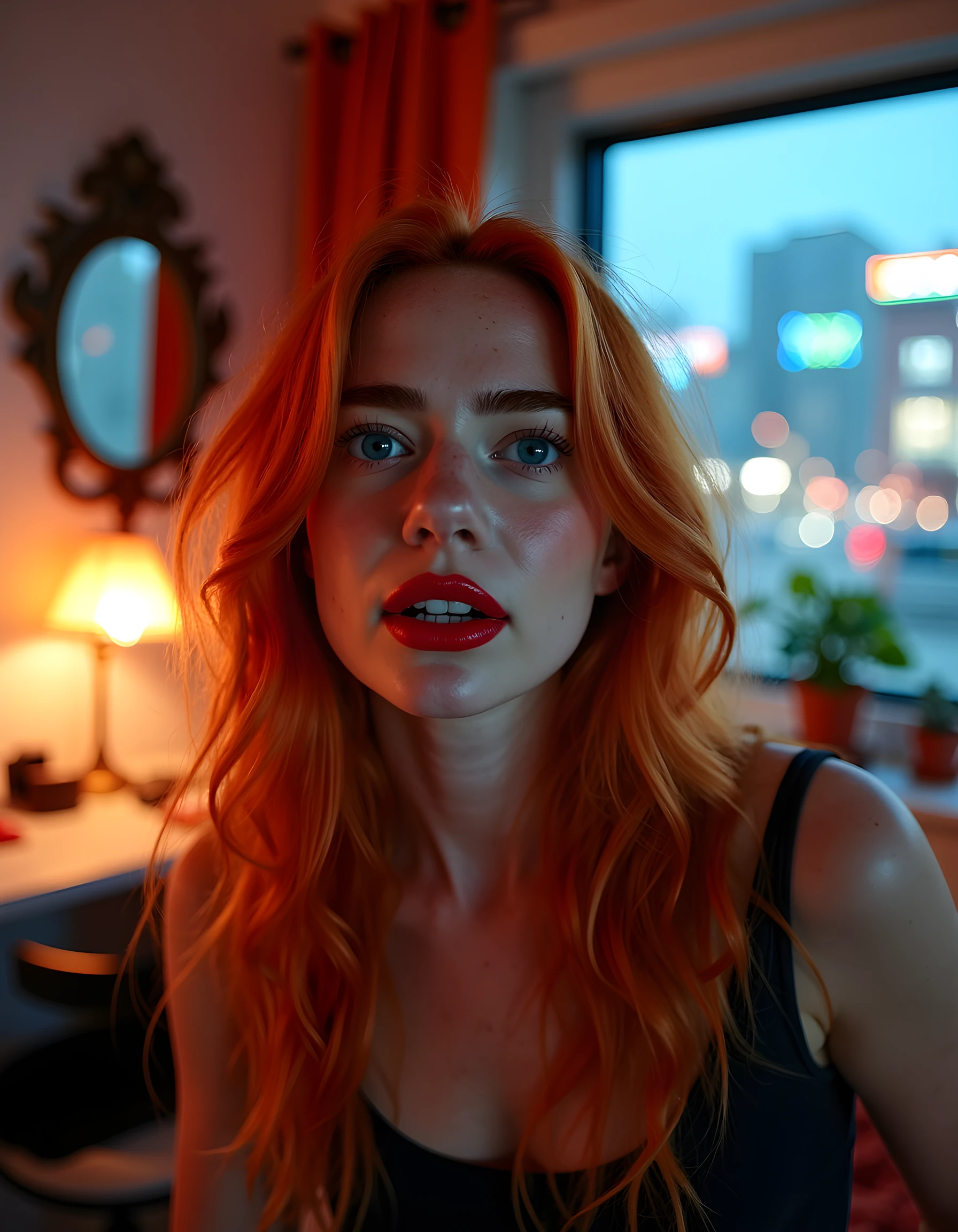In a dimly lit, vintage-inspired bedroom with a cluttered desk and a large, open window revealing the neon lights of a bustling cityscape beyond, K3NN3DYW is captured in a close-up portrait. Her fiery red hair cascades down her shoulders as she looks directly into the camera, her blue eyes wide and intense, with parted lips tinted a bold, vibrant red. The soft glow from the window illuminates her face, casting an ethereal, dreamlike aura around her, while her pearly white teeth flash in a subtle, enigmatic smile, hinting at a captivating personality that defies convention and embraces individuality.