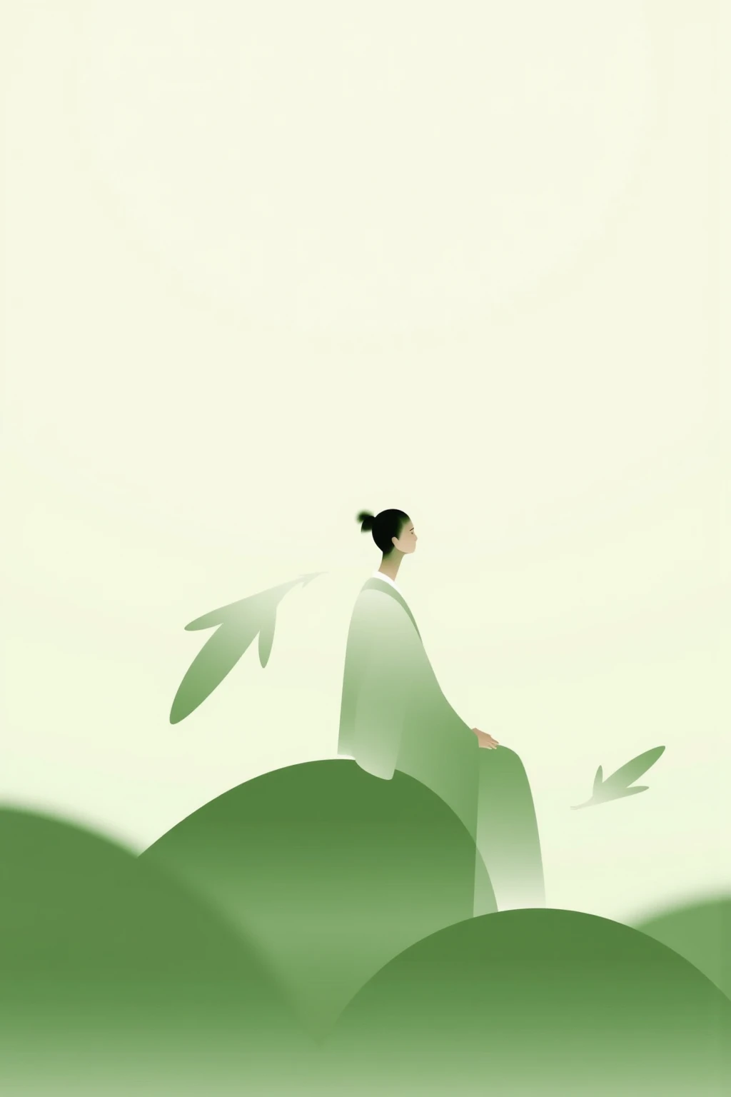 CynthiaPoster. This image is a minimalist, stylized poster that uses soft gradients and flowing lines. This illustration depicts a solitary figure sitting on a rock, gazing thoughtfully into the distance. The figure is dressed in a long, flowing robe that blends into the soft green landscape around them. The background features a gradient that transitions from light cream to soft green, evoking a peaceful, meditative atmosphere. Delicate wisps of clouds float overhead, enhancing the tranquil mood. The design emphasizes simplicity and elegance, with abstract shapes that flow around the figure, enhancing the sense of movement and fluidity. The overall aesthetic feels modern and artistic, with a dreamy and ethereal quality.