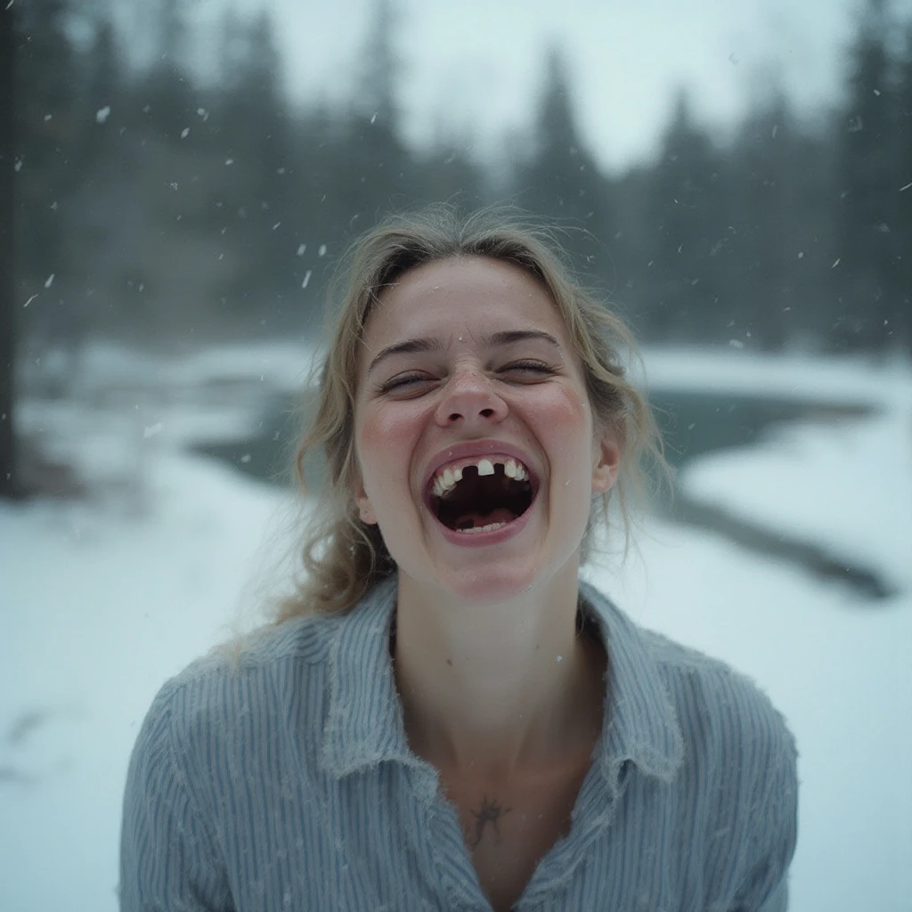 d4nt4, a woman  smiling widely to reveal several missing teeth , a front profil view showing the upper half of a woman's body, dressed in a simple Striped shirt and  , in  Snow-covered forest with a frozen lake , Fade