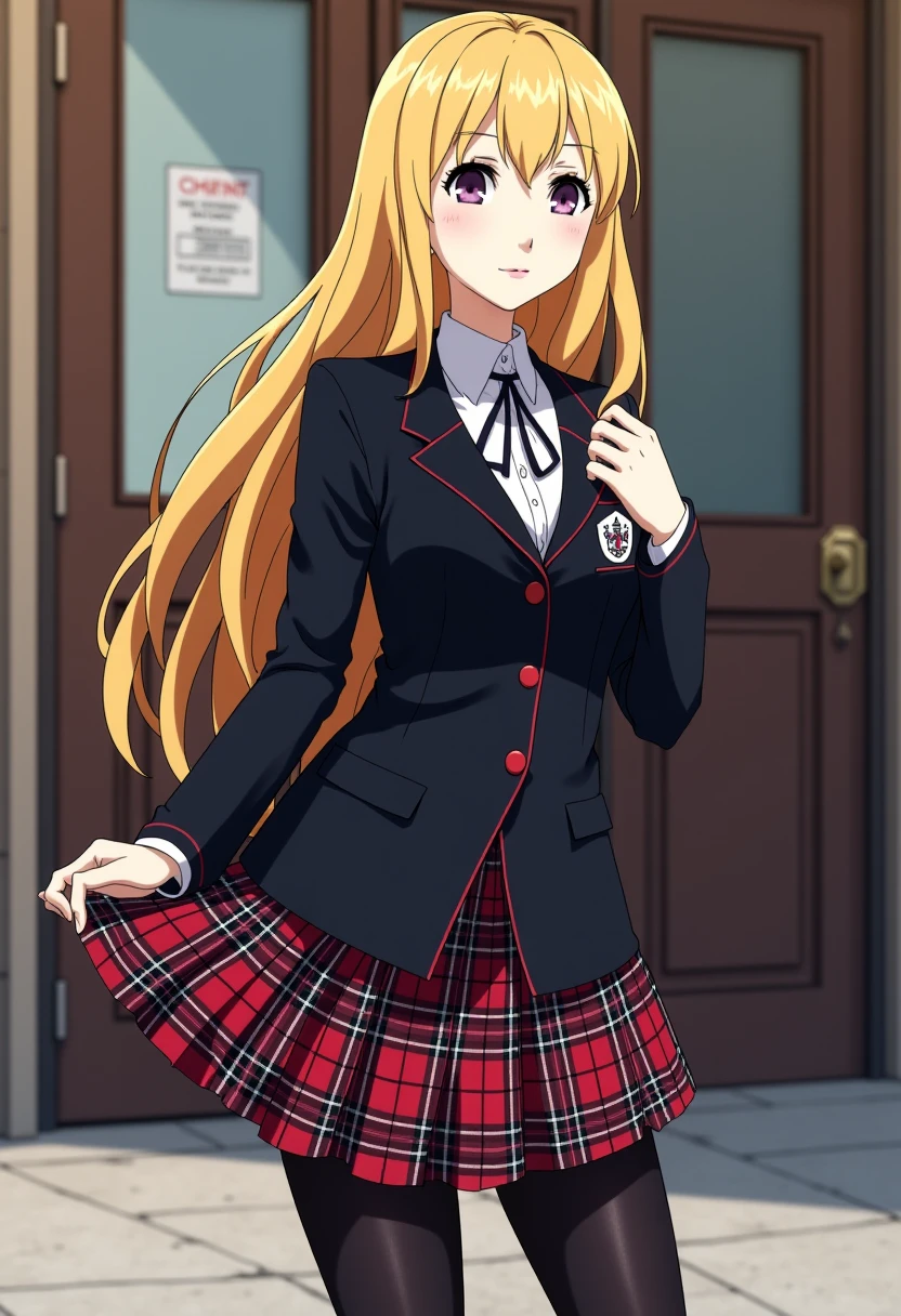 A detailed solo portrait of mifune chihaya,, blonde,
Anime style, sharp, high contrast and highly detailed.,
 <lora:persona5_mifune_chihaya_flux_1_2-000004:1>,
She is wearing a black blazer with red buttons down the front, adding a pop of color. It features a white emblem or crest on the left side of the chest. The lapel design is simple and structured. Beneath the blazer, there is a high-collared white undershirt with a small black ribbon at the neck, adding a touch of sophistication to the overall outfit. She wears a skirt of a pleated design with a black, red, and white plaid pattern. The skirt's length is moderate, typical of school uniforms, and the pattern complements the blazer. She is wearing black tights that cover the entire leg, creating a sleek, streamlined appearance. She then wears boots that are black, mid-calf height with a simple, solid design, matching the overall formal, sharp aesthetic of the uniform. full body, wide angle. She is standing in front of a high school entrance. Full body, wide angle.