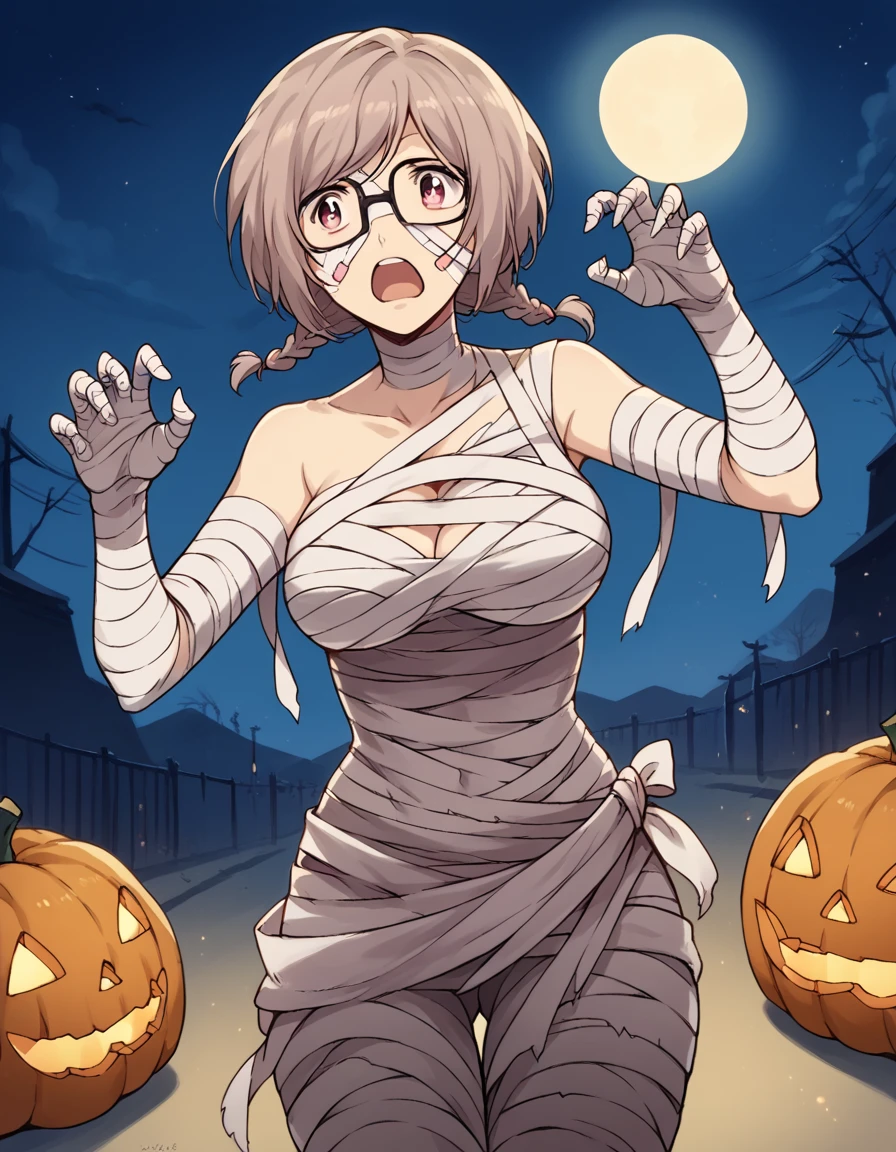 score_9, score_8_up, score_7_up, source_anime, <lora:an-onoya-s1-ponyxl-lora-nochekaiser:1>, an onoya, brown hair, pink eyes, braid, twin braids, glasses, large breasts,, <lora:mummy-costume-ponyxl-lora-nochekaiser:1>, mummy costume, bandages, halloween costume, bandaged arm, zombie pose, bandage on face,, desert, moon, night, open mouth, , dutch angle, cowboy shot